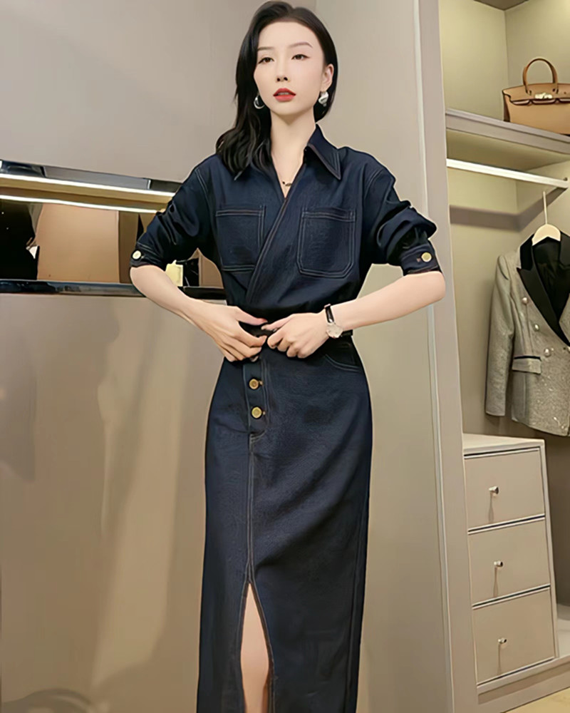 欧洲站复古牛仔Polo领斜扣连衣裙女春秋新款御姐气质高腰显瘦长裙