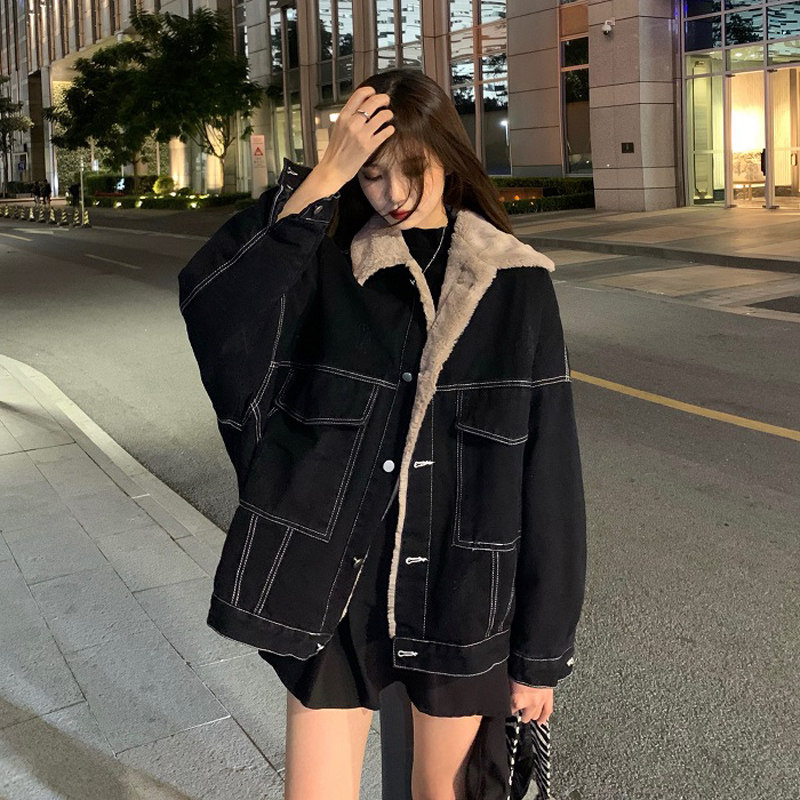 欧洲站冬季新款韩版加厚羊羔绒内里覆合宽松休闲牛仔加绒外套女潮