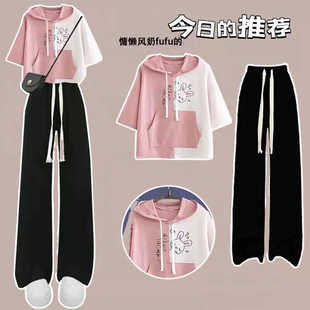女童中大童2024夏装新款日系连帽短袖T恤运动套装初小女孩衣服夏
