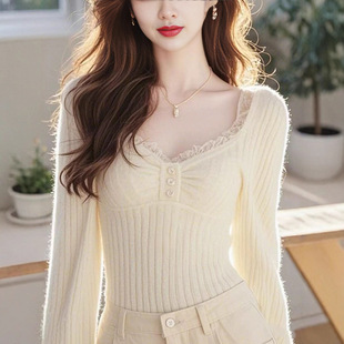 v领蕾丝针织打底衫女款内搭修身2026春季新款感毛衣短款上衣