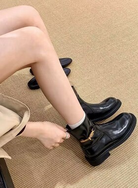 【sheii苏茵茵】贵气靴~侧拉链小金扣链真皮机车马丁短靴女瘦瘦靴