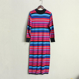 中长款 修身 针织裙显瘦包臀裙 漂亮小圆领条纹套头连衣裙八分袖