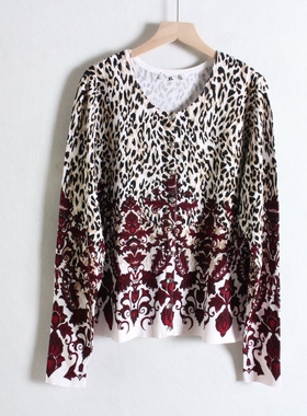 外贸米国单WHTIE*K~豹纹针织开衫春秋长袖圆领暗扣柔和印花毛衣女