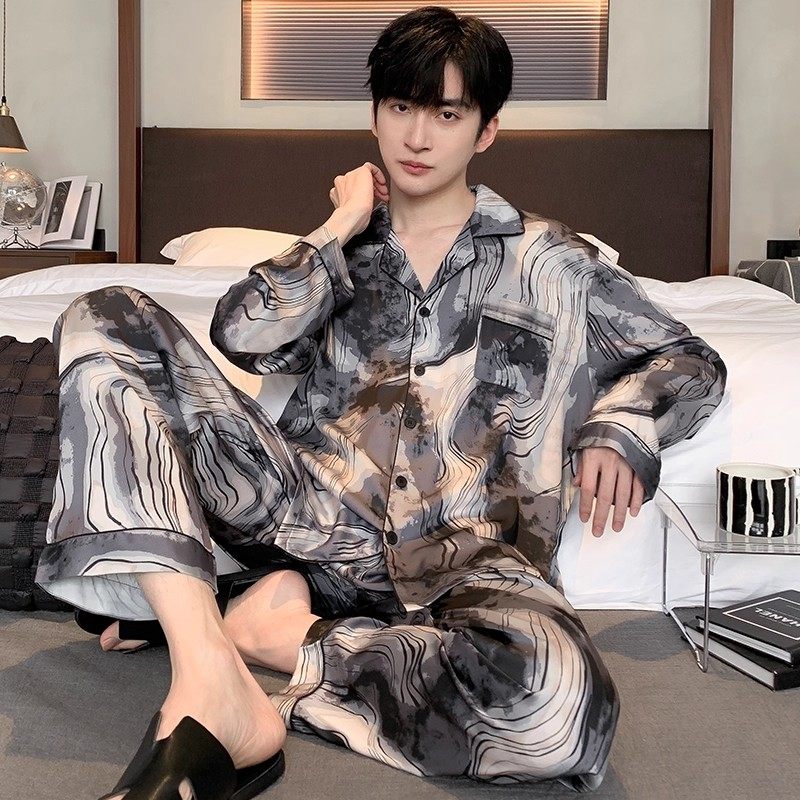 真丝睡衣男春秋长袖开衫泼墨桑蚕丝家居服套装中国风加肥加大夏季