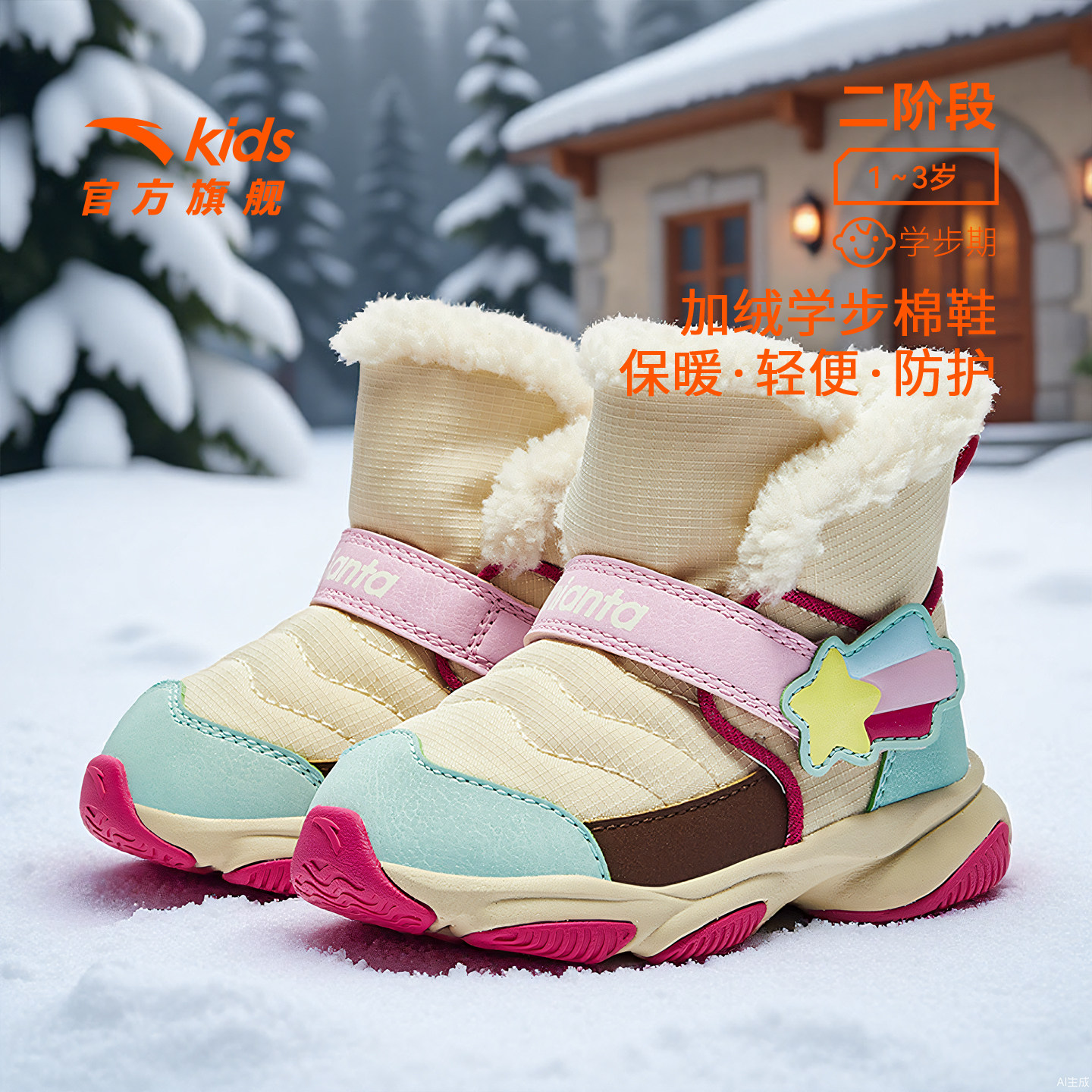 安踏学步鞋女宝宝棉鞋冬季新款加绒加厚保暖高帮儿童外穿雪地靴