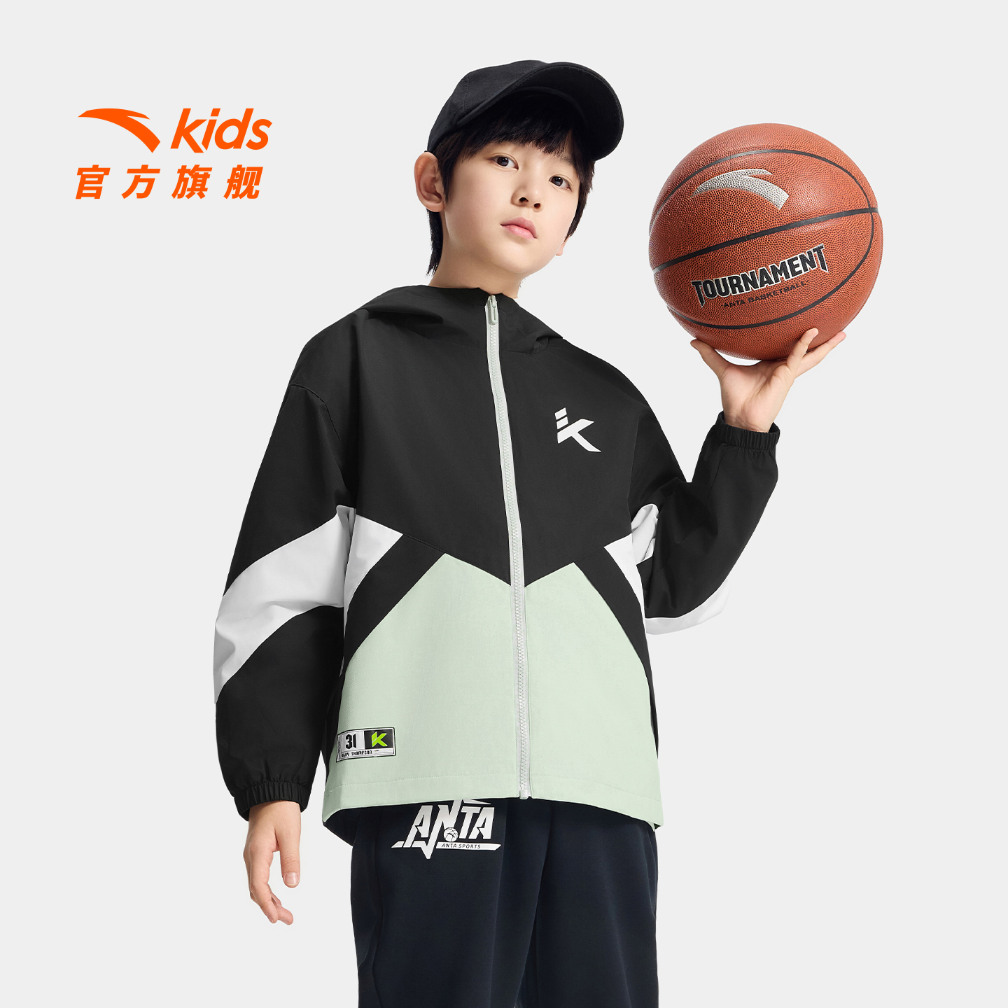 安踏儿童男大童丝光绒运动上衣2025冬款防风透湿中大童连帽厚外套