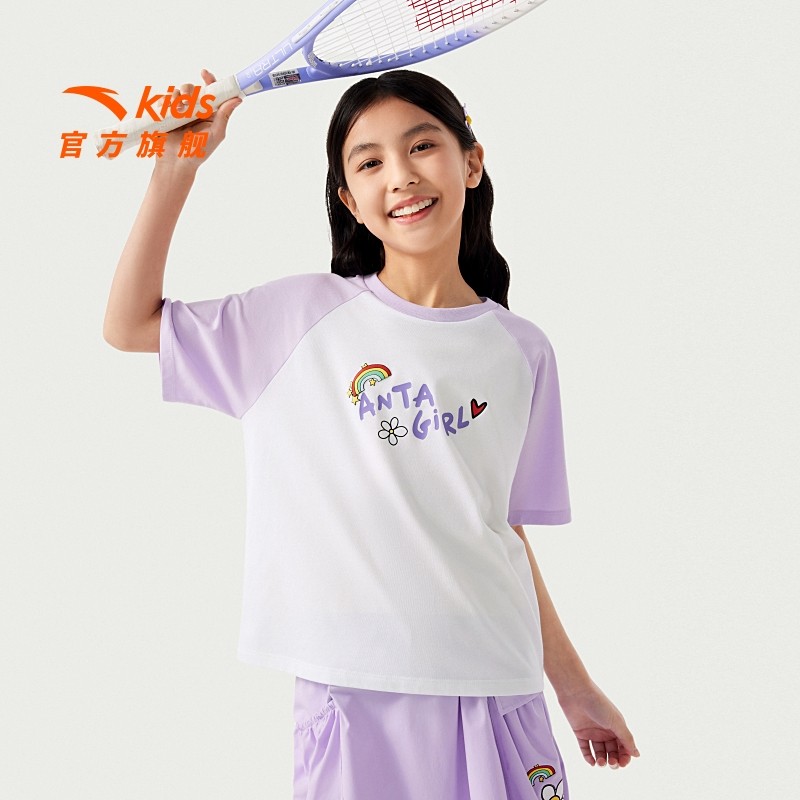 安踏儿童短袖女童圆领短袖衫2025夏季新款大童撞色透气t恤上衣潮