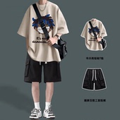 复古日系潮牌短袖 两件套 男学生潮流帅气一套搭配短裤 t恤夏季 套装