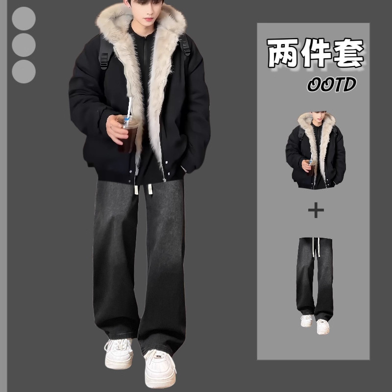 美式复古解构裁片设计加绒棉衣外套男女款宽松休闲座山雕夹克套装