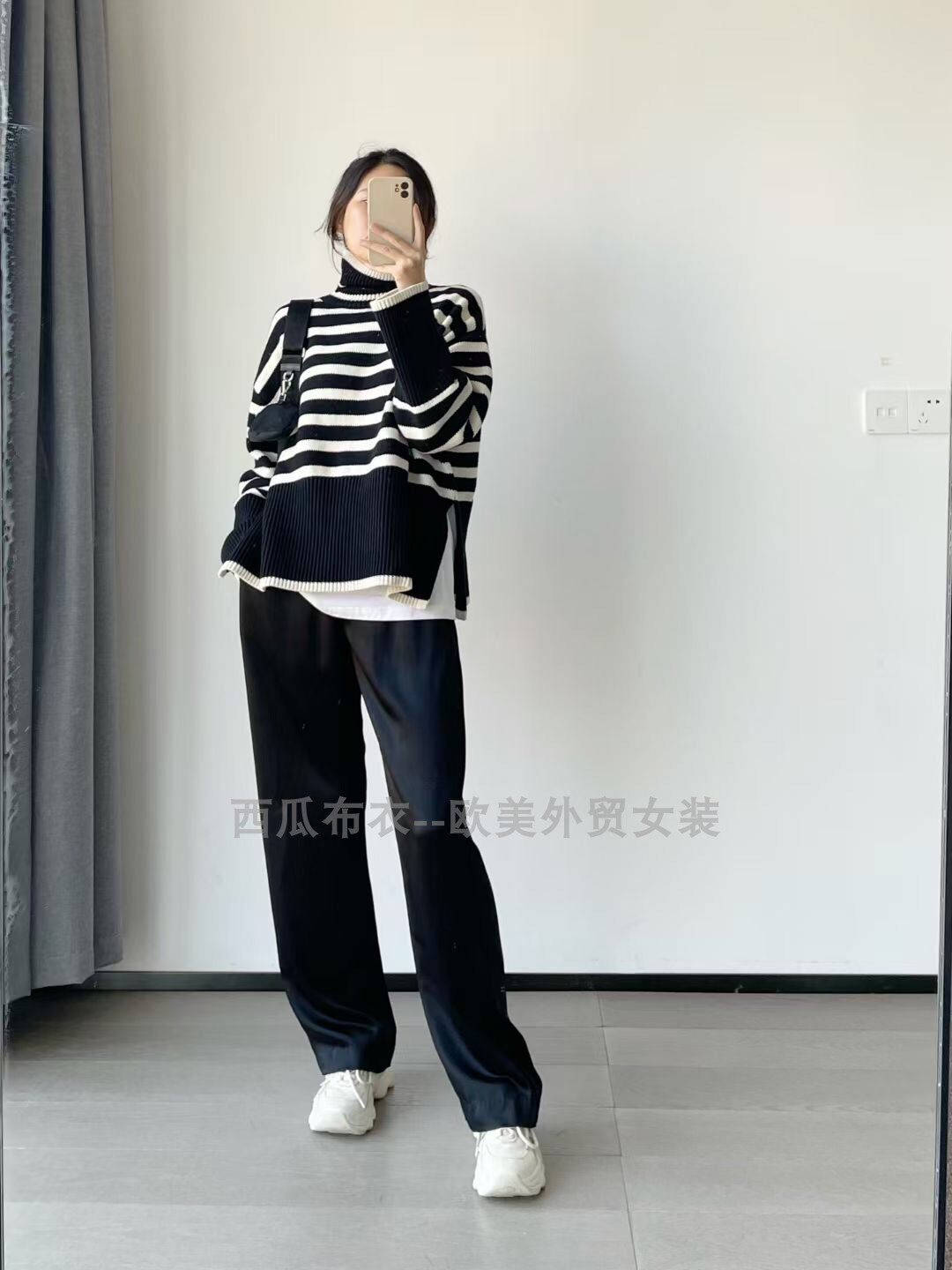 亏本清仓高领廓形秋冬新款女装欧美外贸原单条纹撞色羊毛长袖毛衣