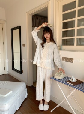 Public republic韩棉质可爱娃娃领小兔子拼蕾丝花边开衫家居睡衣