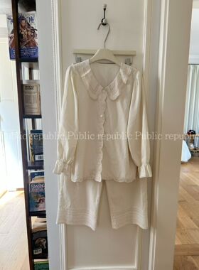 Public法式奶系慵懒重工刺绣甜美宫廷风小翻领开衫棉质春秋家居睡