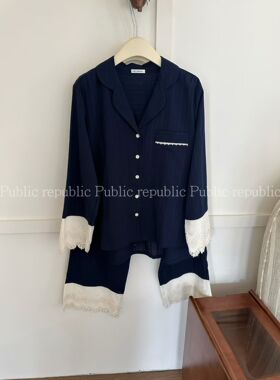 Public republic韩系棉质蕾丝花边拼接翻领开衫家居服睡衣套装