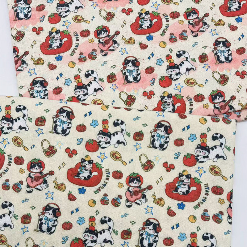 独家原创授权米色番茄喵咪印花布加密棉麻布料diy手工布头布桌布