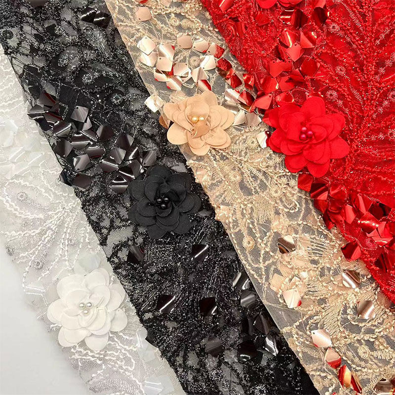 重工刺绣布料亮片珠片绣18mm方片绳绣手工花多工艺服装面料装饰布