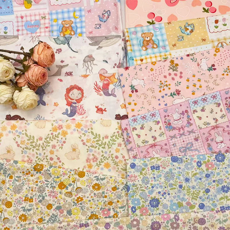 纯棉斜纹布料卡通印花布40支全棉棉布服装面料床品四件套布diy布