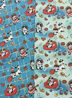 独家原创授权蓝色番茄猫加密棉麻布料diy手工布头装饰桌布包包布