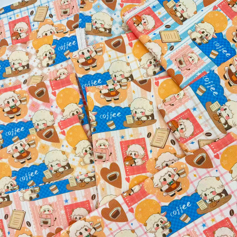 原创版权ins甜系手绘绵羊印花布加密棉麻布料diy手工布桌布包包布