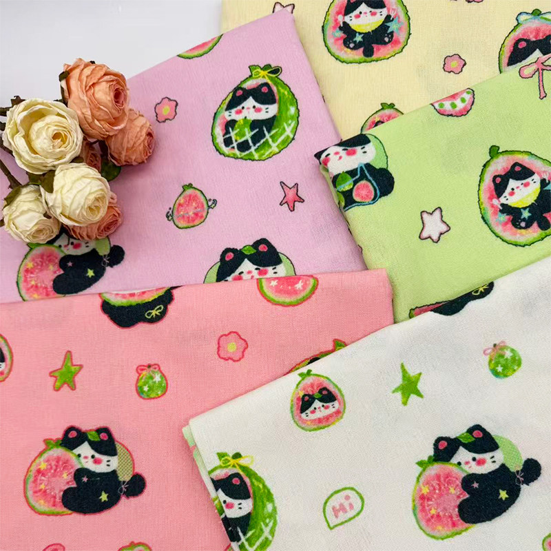 原创版权芭乐小黑猫印花布加密棉麻布料diy手工布包包布桌布猫窝