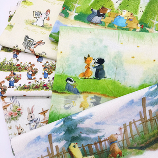 水彩卡通插画主题印花布加密棉麻布料diy手工书皮布装饰桌布窗帘