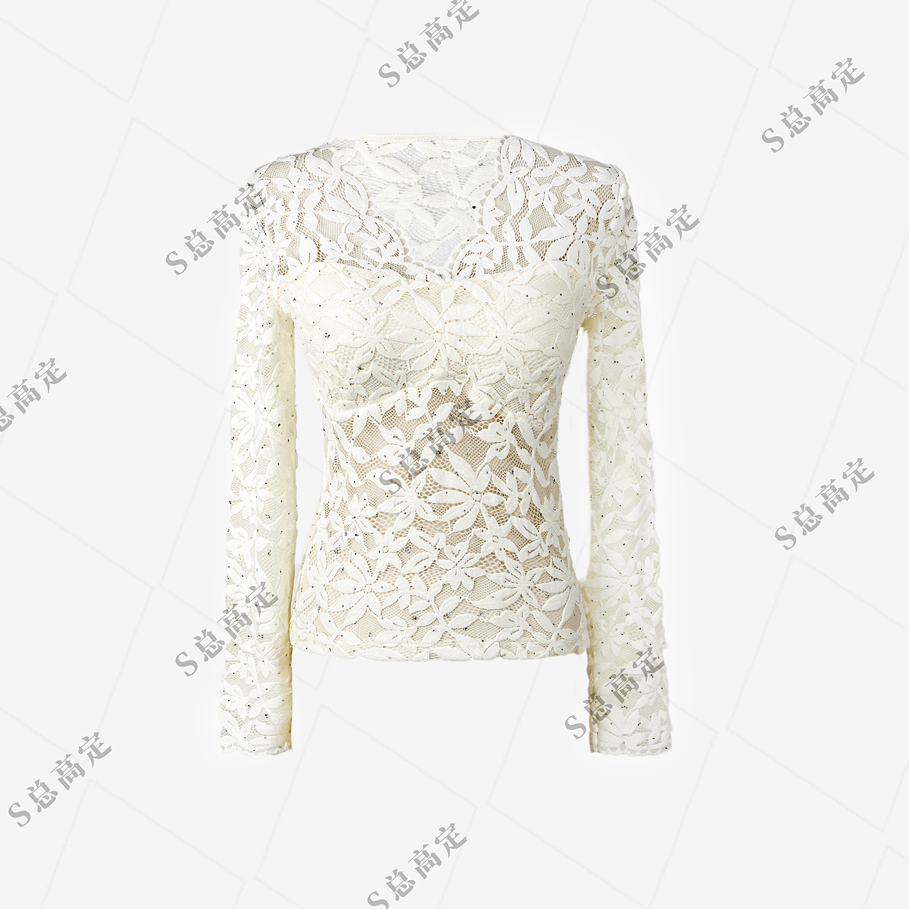 NIMOSHI【高定】修身蕾丝镶砖轻奢时尚百搭款打底衫女D0018