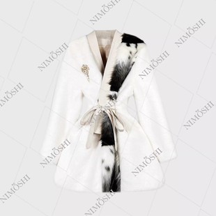 NIMOSHI欧式中长款挑染渐变束腰女时尚百搭皮草系带外套新款L5188