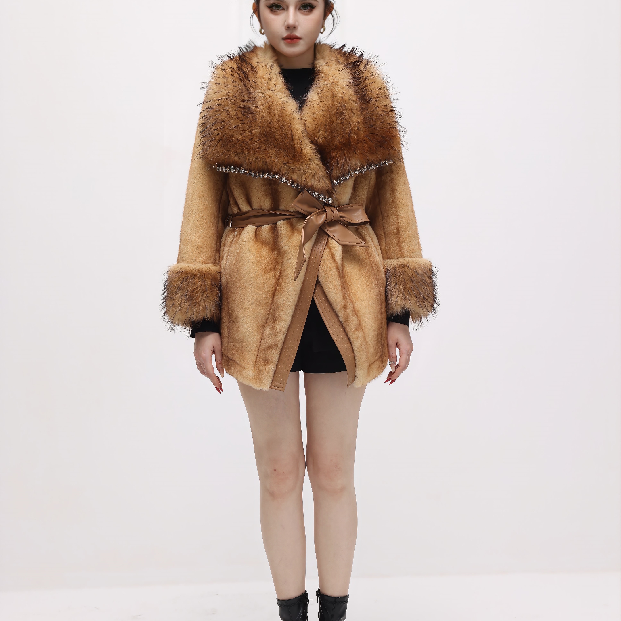 韩系冬季新款贵气挑染金色束外套