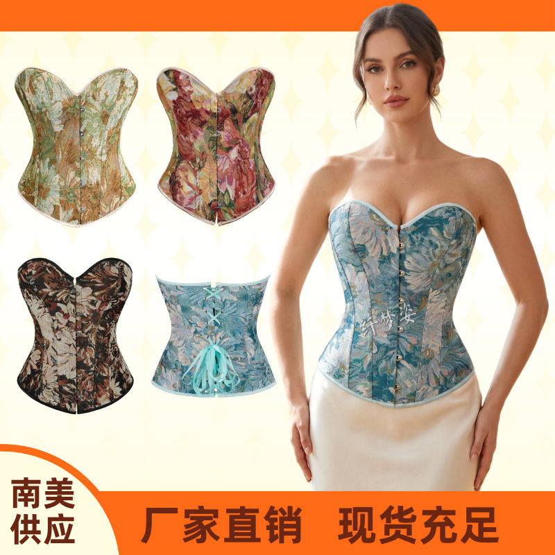 新款法式复古彩绘欧美鱼骨抹胸上衣宫廷束身衣女衣跨境corset