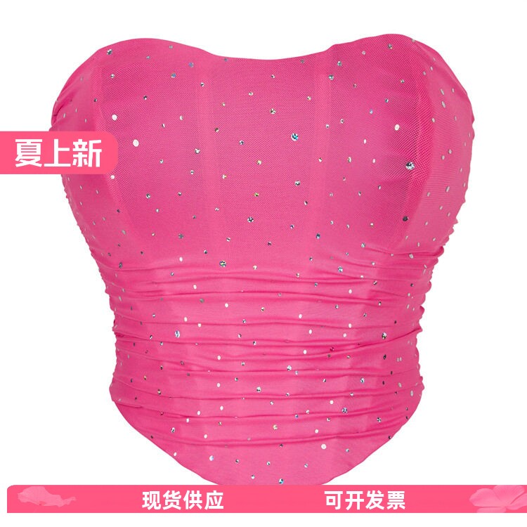 网红主播直播衣服带亮片透气网纱弹性抹胸托胸性感鱼骨马甲上衣