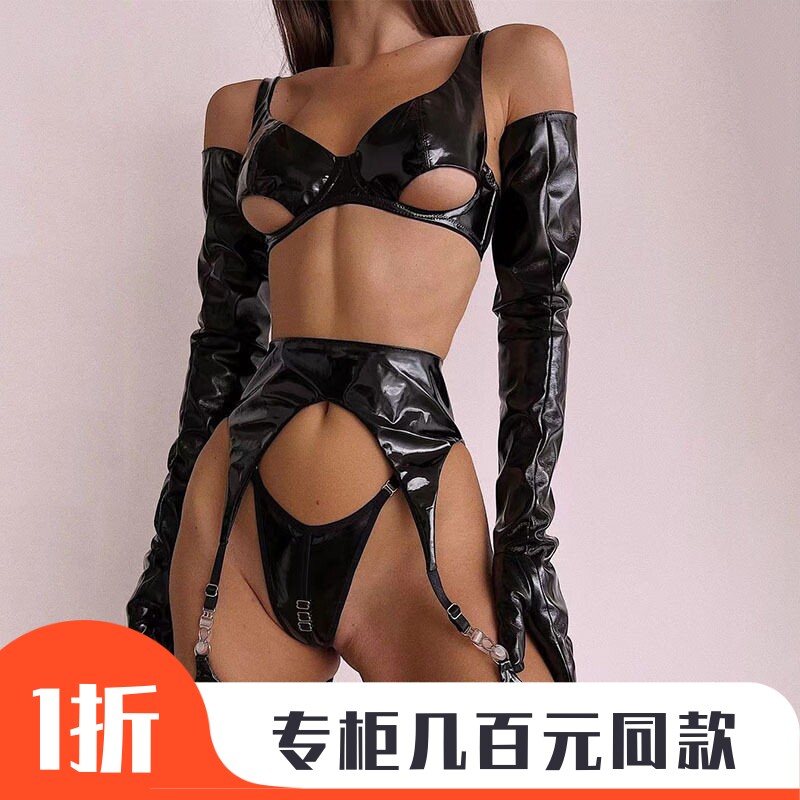 欧美跨境热销内衣性感镂空皮质聚拢简约百搭四件套女现货