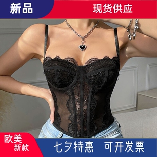Sexy corset欧美蕾丝花边胶骨塑身性感抹胸镂空露背透视1059吊带