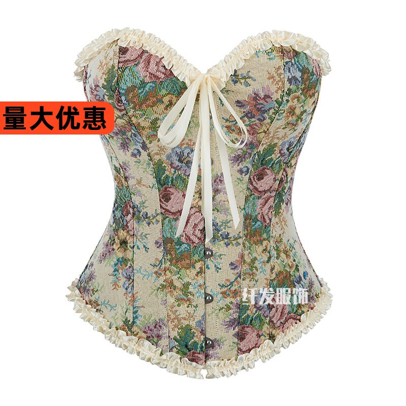 个性风黑花有花边美体束腰托胸女士宫廷塑身衣corset马甲小礼服