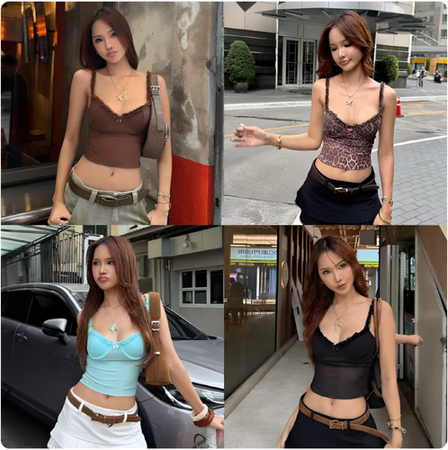 DS美式街头辣妹风拼接花边网纱微透钢圈吊带吊带短款背心女上衣