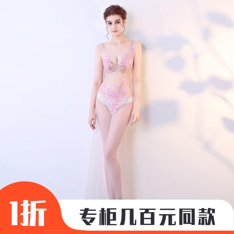 桑拿KTV工作服性感透视装礼服晚装蕾丝镂空透明深V领长款演出服