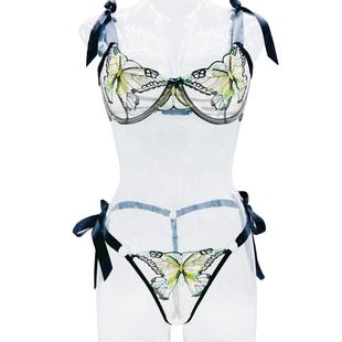 巨好看 网纱刺绣大胸显小文胸 蝴蝶结绑带纯欲天花板性感内衣套装