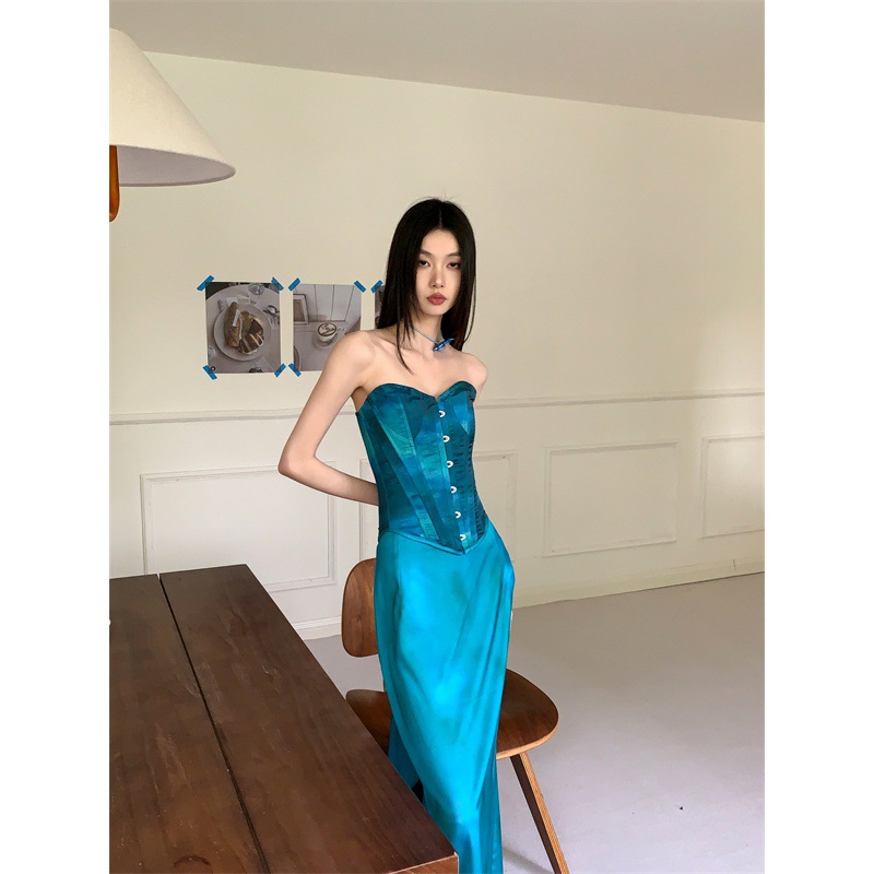 实拍现货 网红主播 旅拍 戏服复刻贝母色鱼骨胸衣缎面鱼尾半裙套