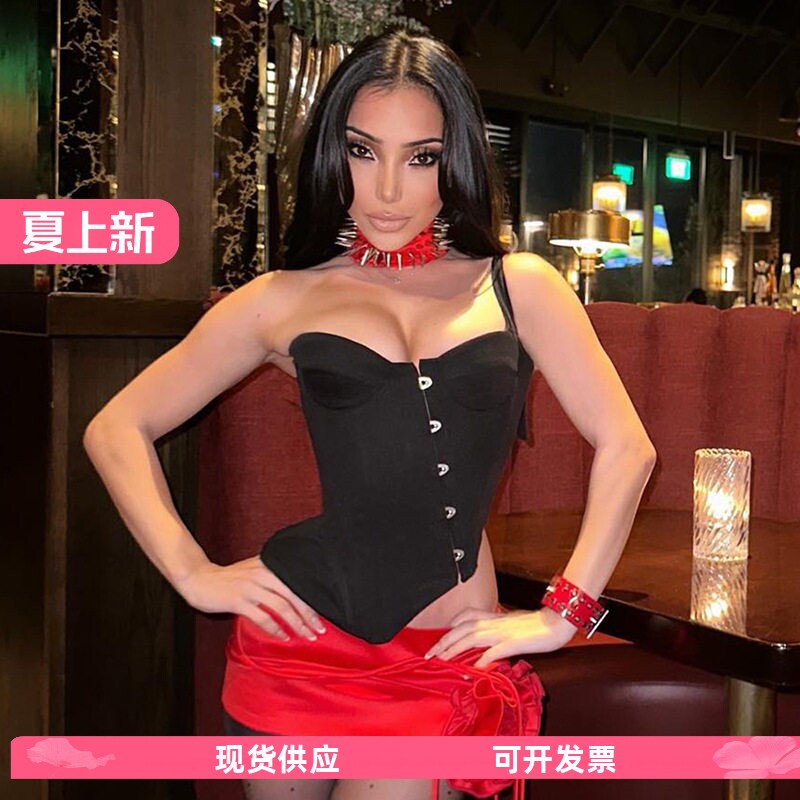 K23TP573 欧美女装冬季新款纯色休闲露脐无袖吊带露背挂扣T恤上衣