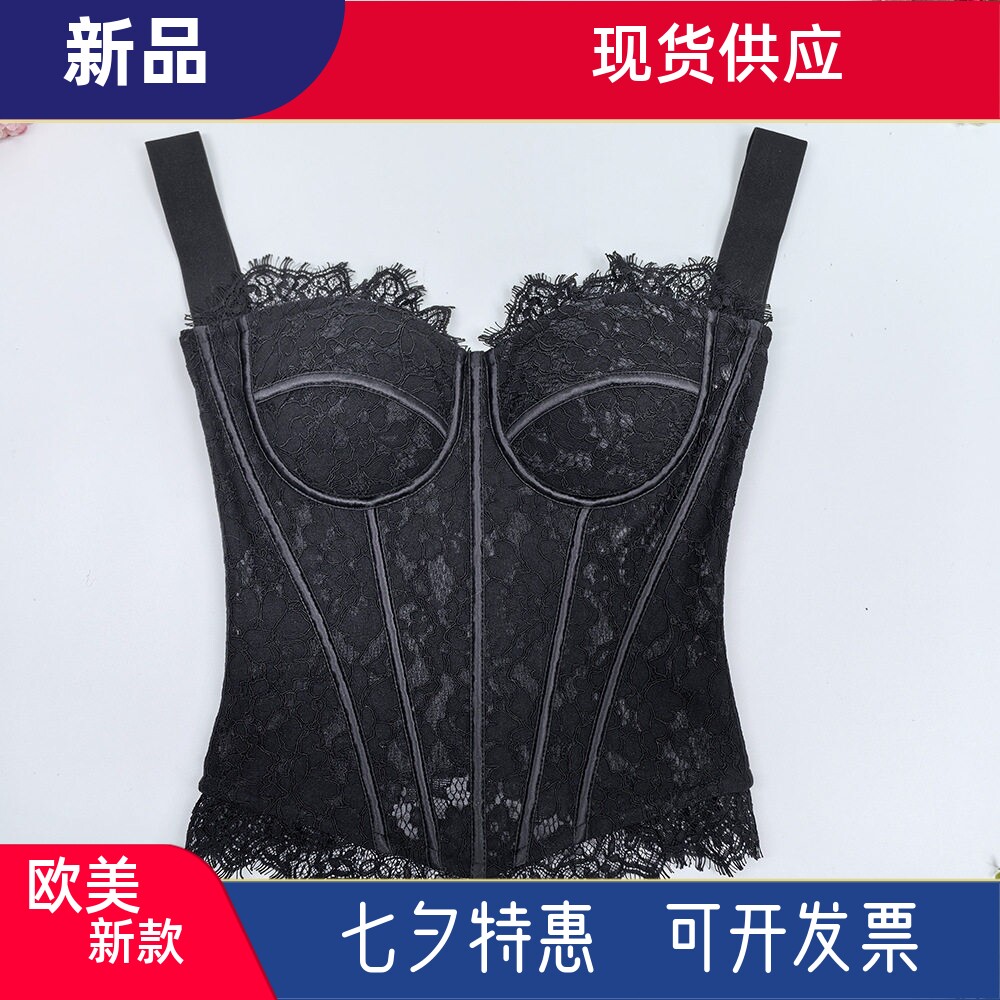 跨境热销欧美辣妹蕾丝吊带胸衣提花气质针织紧身上衣内搭鱼骨胸衣