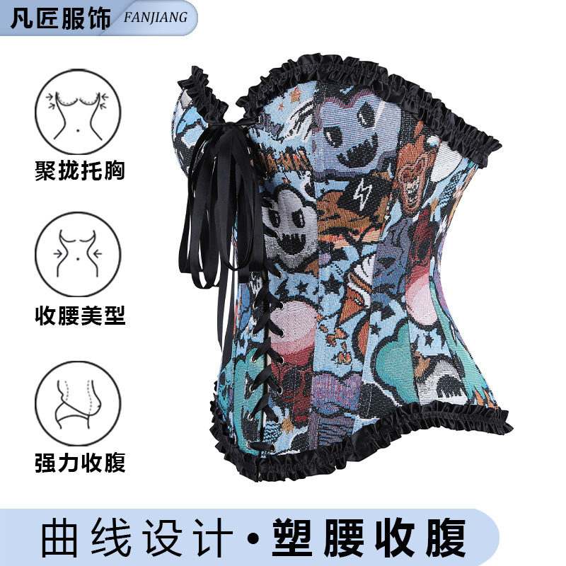 女士新款束身衣黑色花边骷髅图案抹胸性感骨衣美体束腰宫廷衣