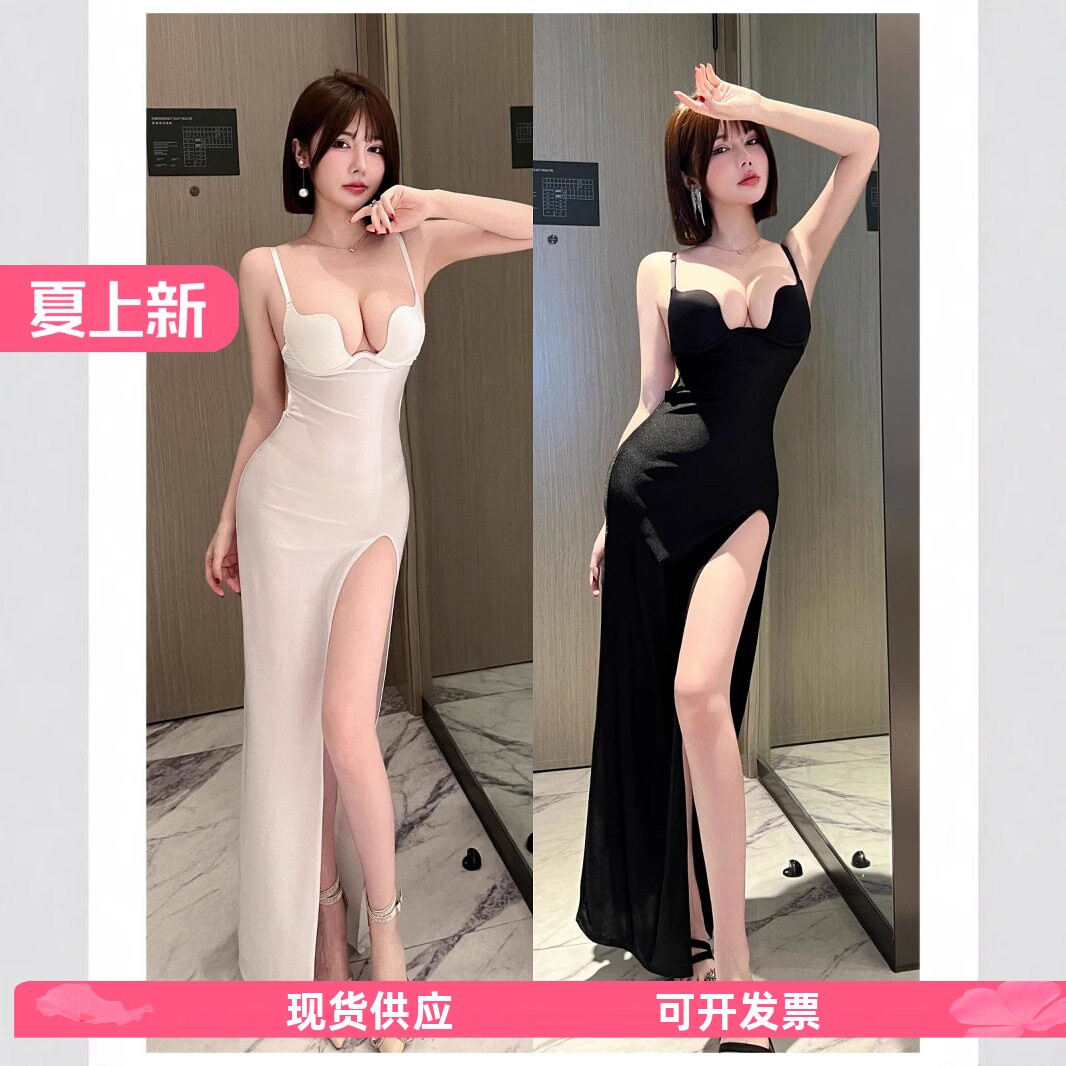 25年新款性感吊带连衣裙U型杯深V聚拢高开叉漏背长裙桑拿技师工服