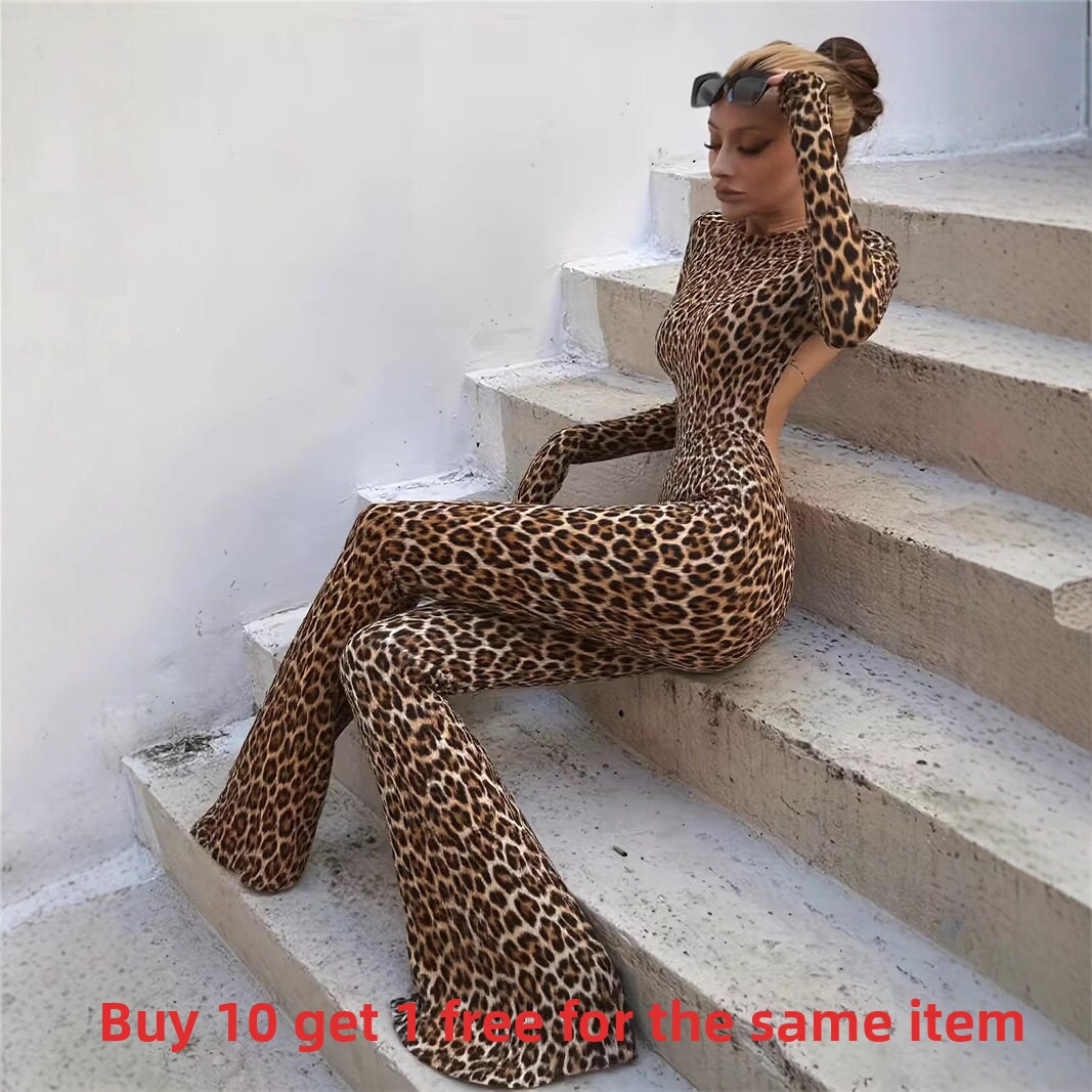 Women's leopard printed long sleeved backless jumpsuit连体衣
