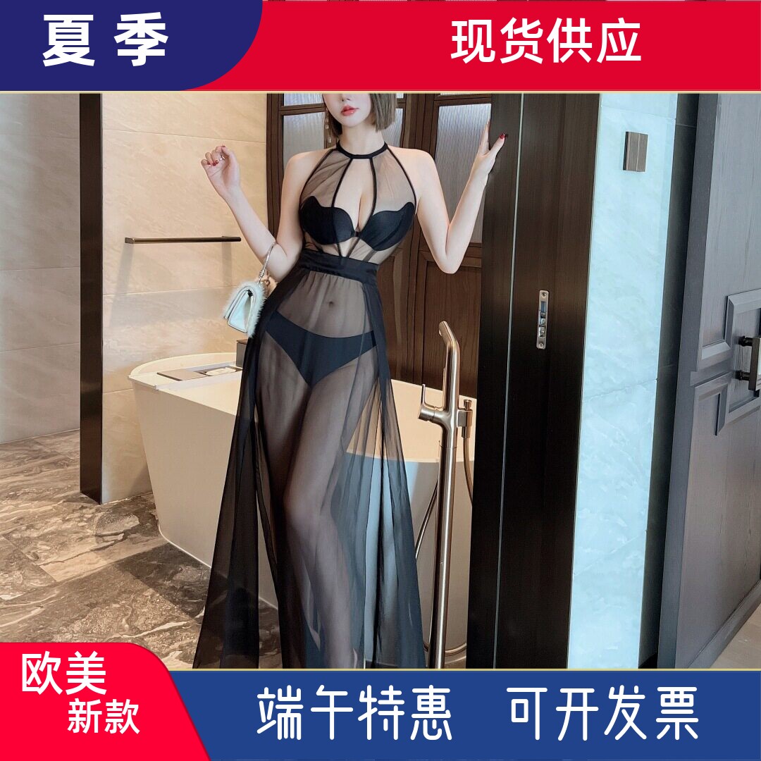 2026年新款雪纺透视长裙深v低胸收腰长礼服纯欲性感桑拿技师工服