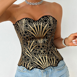 欧美宫廷风内衣不规则蕾丝鱼骨胸衣网纱双层拼接印花上衣
