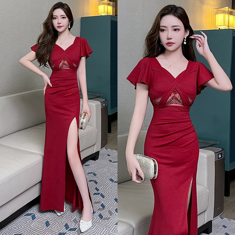 显身材礼服裙子夏季新款性感V领短袖烫钻褶皱开叉修身连衣裙
