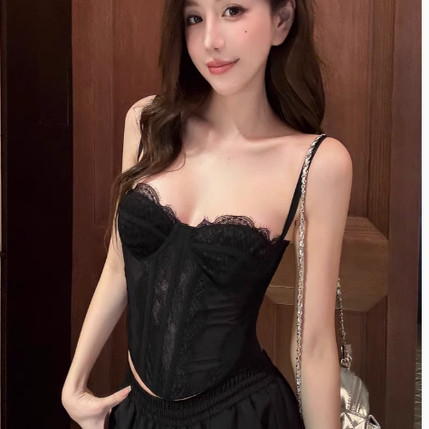 纯欲蕾丝吊带背心女夏季雾霾蓝性感内搭修身显瘦短款鱼骨上衣外穿