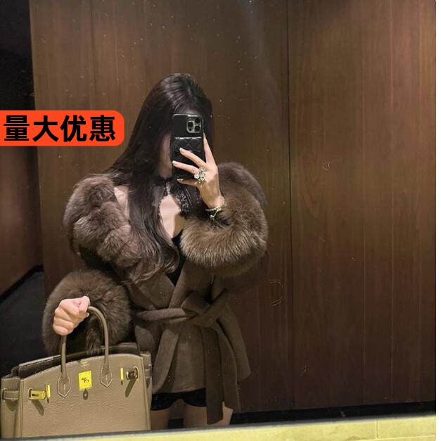 2026新款春夏超大狐狸毛领高端双面羊毛大衣女中长款宽松毛呢外套