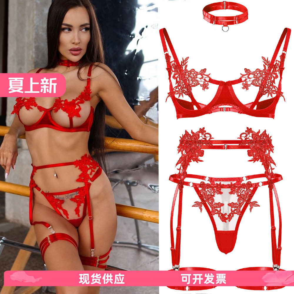 2068女士内衣透明情趣诱惑文胸丁字裤四件套装刺绣花朵精美绝伦款