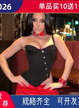 K23TP573 欧美女装冬季新款纯色休闲露脐无袖吊带露背挂扣T恤上衣