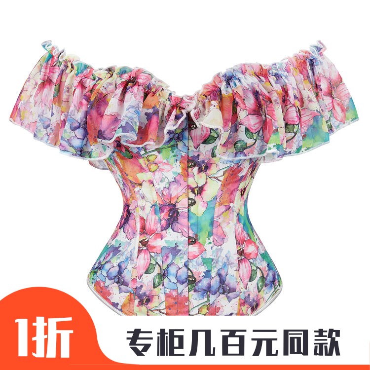 荷叶袖性感塑身衣 黑色束腰马甲抹胸束身礼服宫廷corset美体腰封