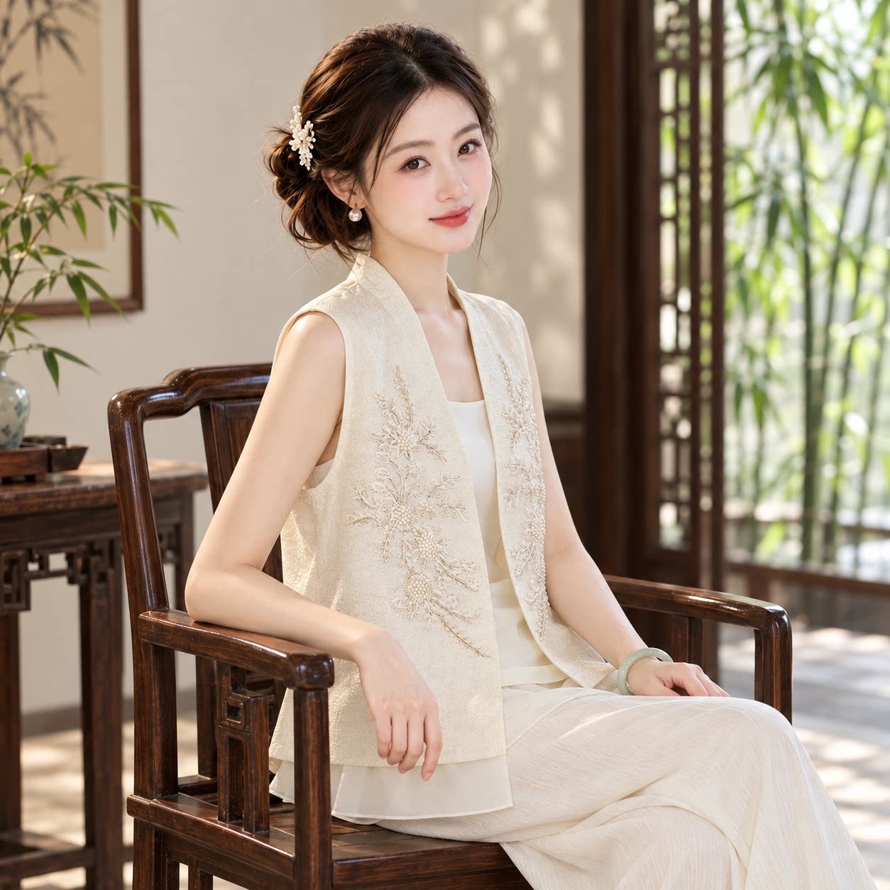 新中式风雅韵天丝亚麻镶钻马甲女